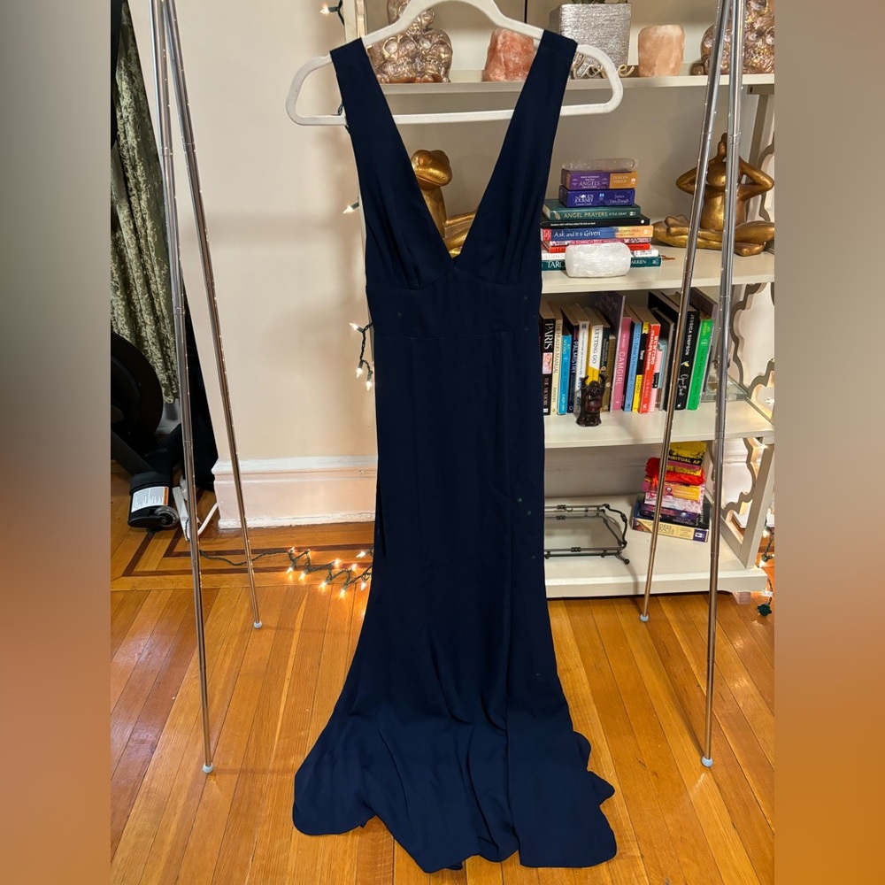Fame and Partners navy blue gown with bow tie back